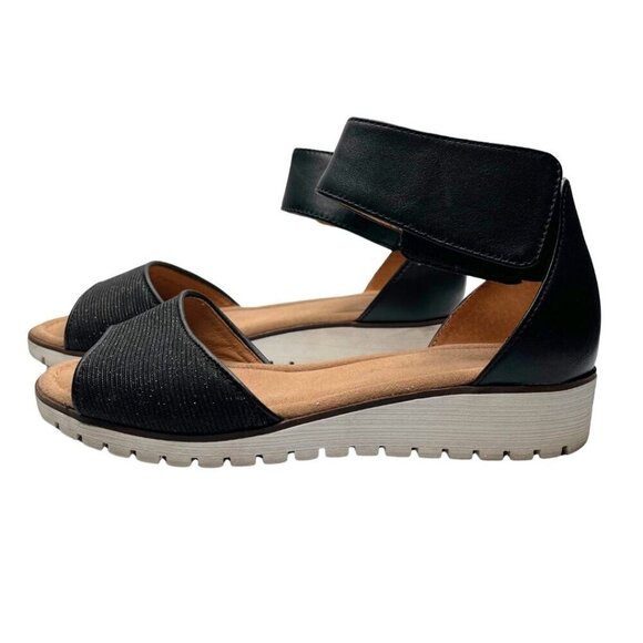 GABOR BLACK LEATHER HOOK & LOOP ANKLE STRAP GLITTER WEDGE SANDALS - 6.5 (4UK) - Picture 1 of 11